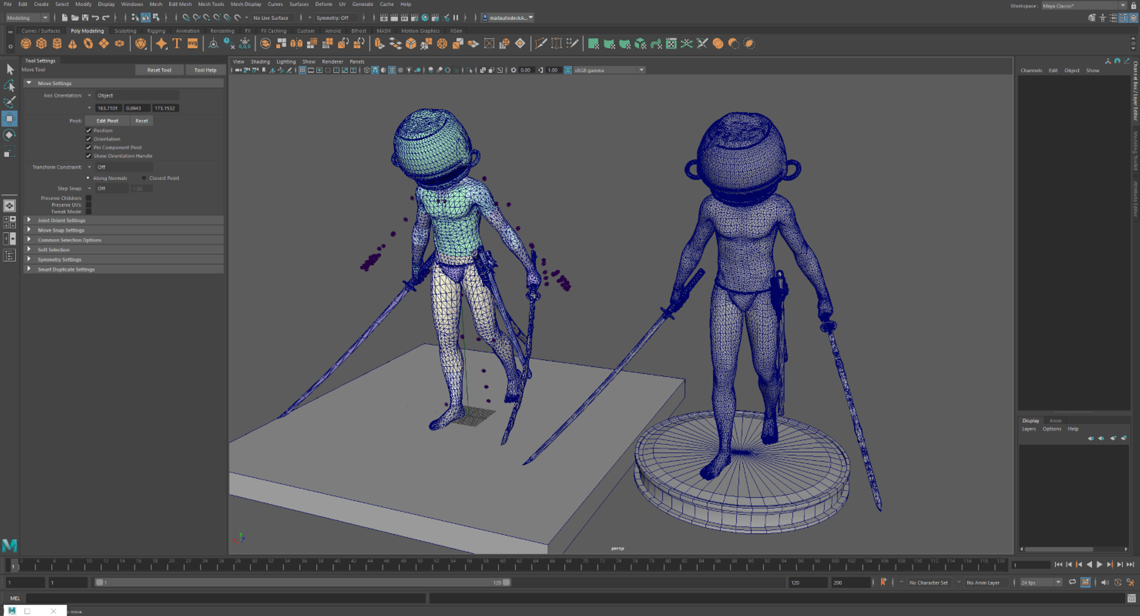 Screenshot from Maya where two version of a character and next to each other, one is much higher poly count that the other