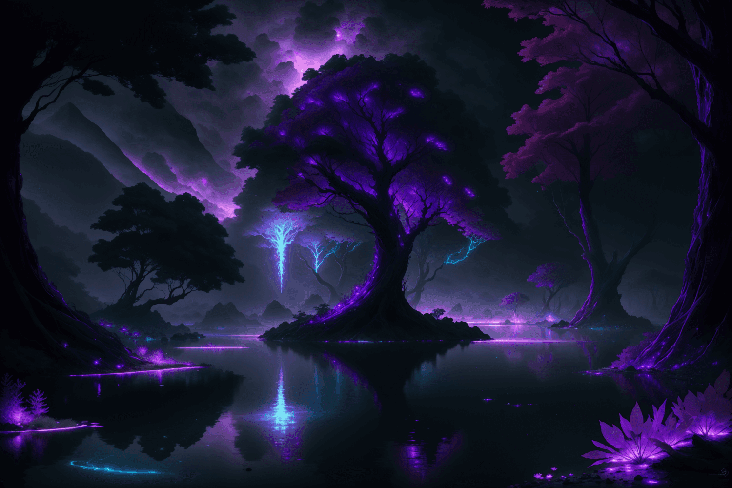 A large glowing purple tree on an island