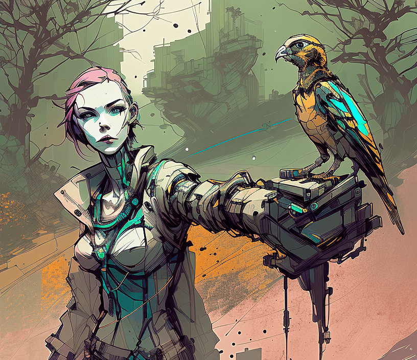 Woman with a hawk on her arm in a sketchy style