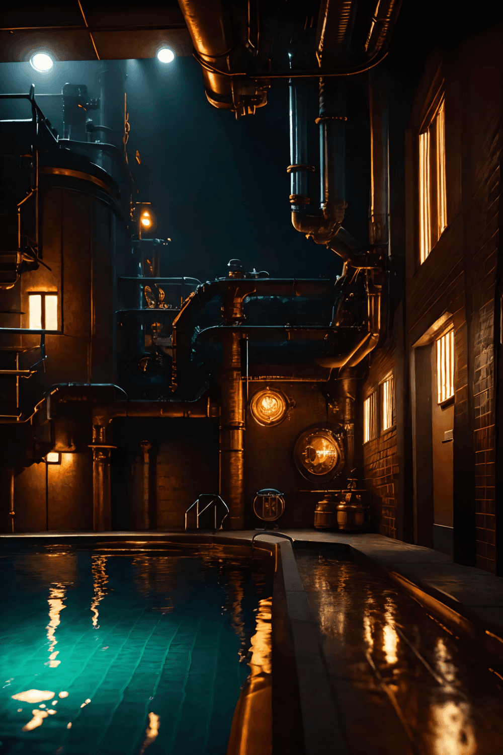 Copper pipes and industrial parts around a swimming pool