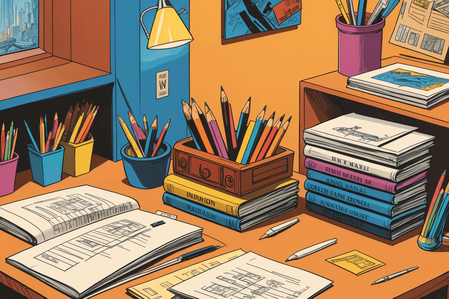 A comic style drawing of a desk, open notebook and tub of pencils
