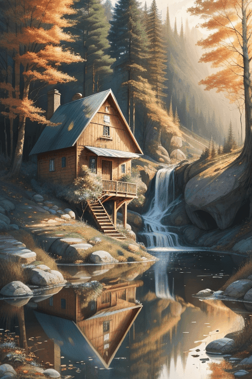 A watercolor painting of a cabin in the woods
