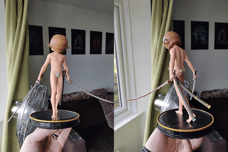 two images, one from the fount and another behind a scale model of a person holding two katanas wearing a jar on their head