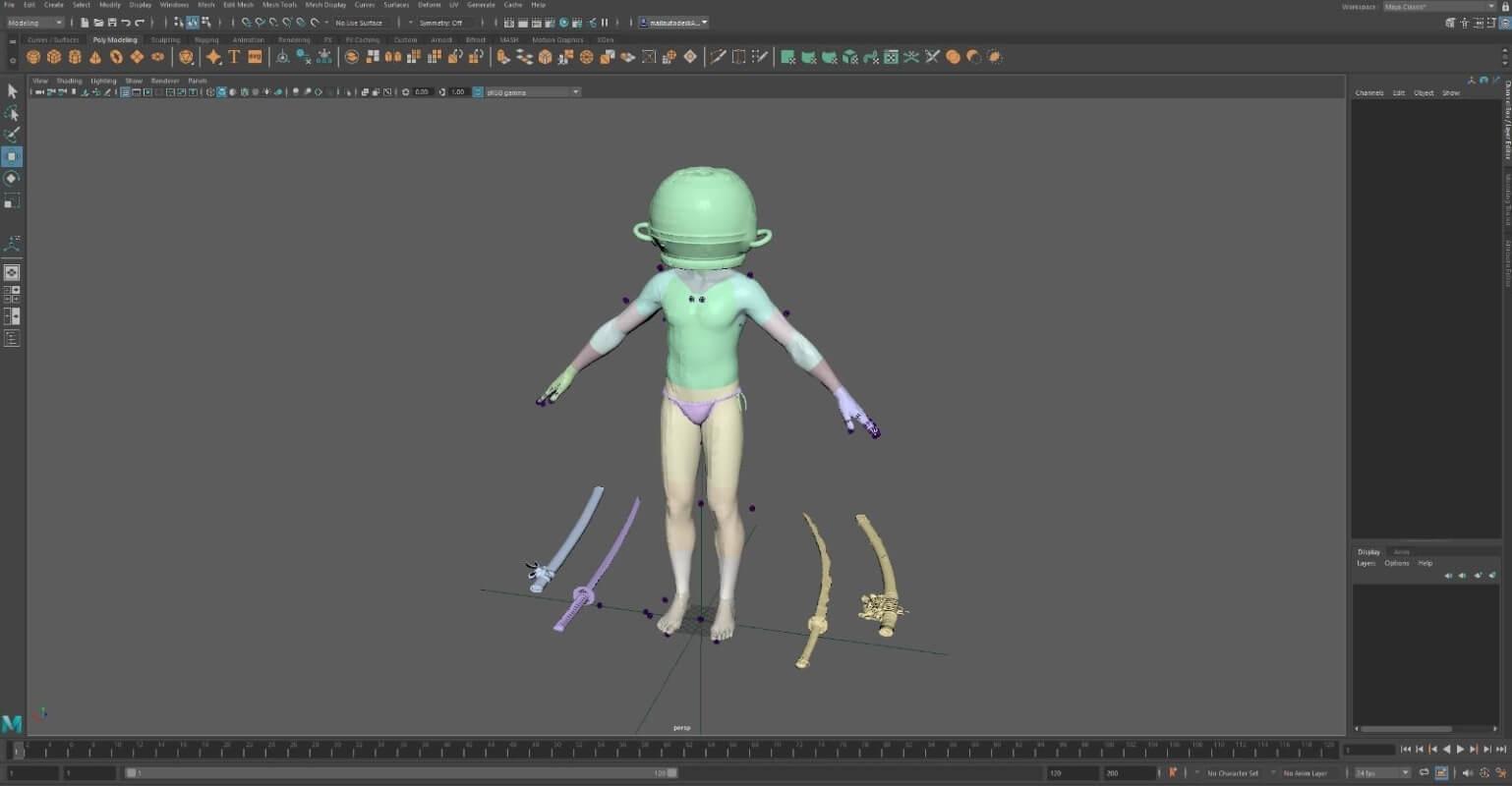 A full character in a t-pose in Maya with swords on the floor around him