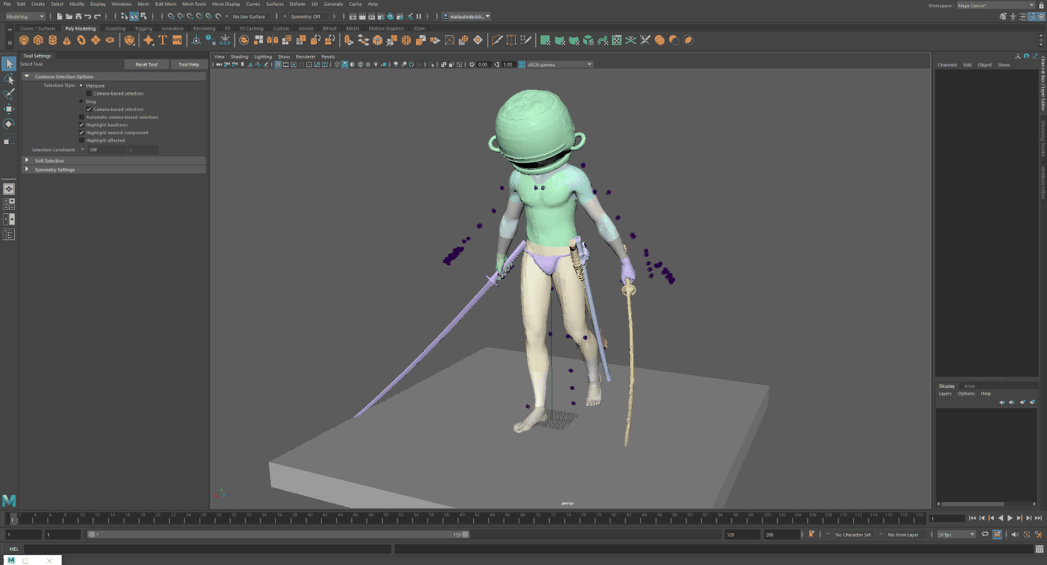 Screenshot from Maya with a character in a walking stance holding dual katanas