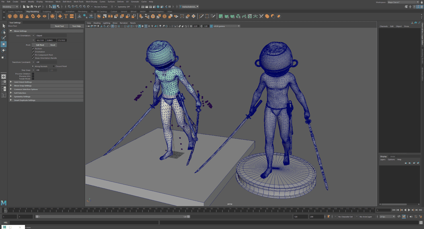 Screenshot from Maya where two version of a character and next to each other, one is much higher poly count that the other