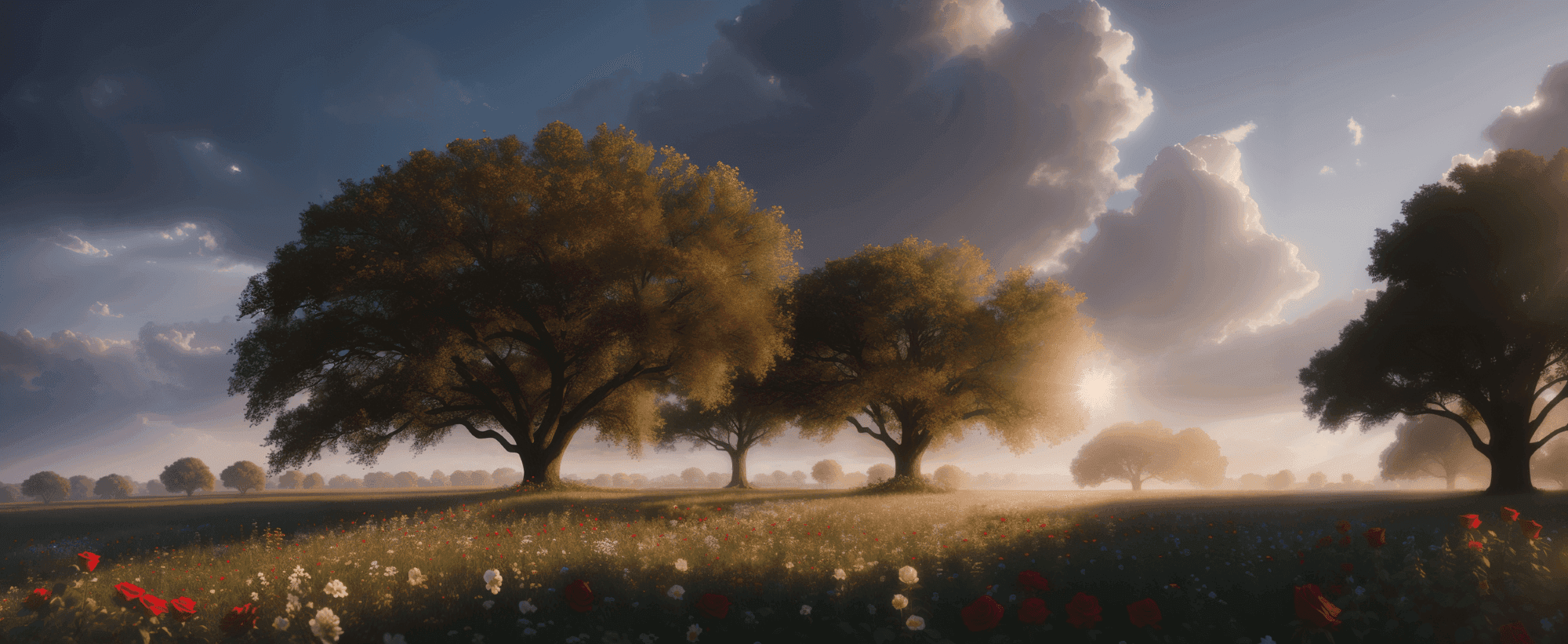 Trees in a field of flowers at sunset